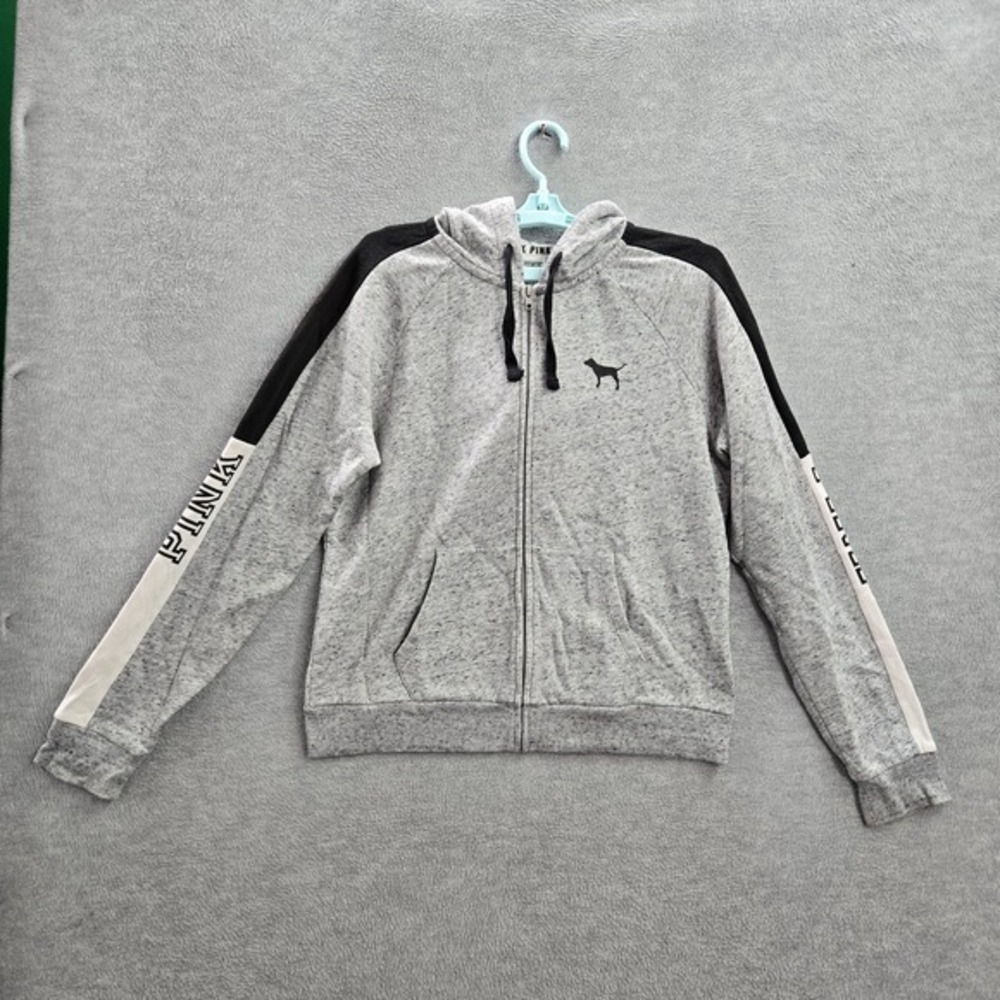 PINK‎ Victoria's Secret Women Hoodie M Gray Dog Activewear Logo Zipper Long